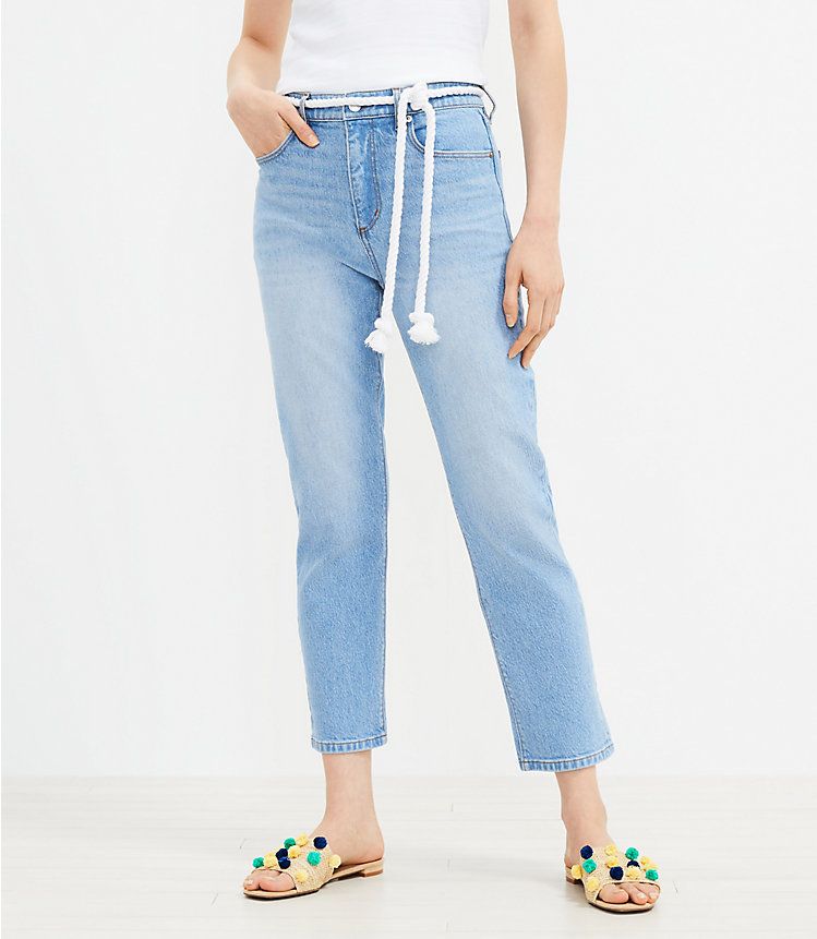 Tie Waist High Rise Straight Crop Jeans in Light Authentic Indigo Wash | LOFT