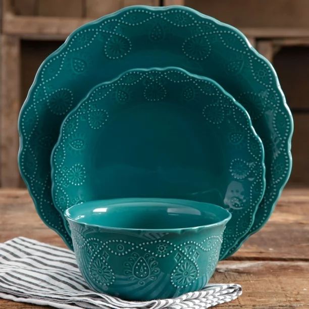 The Pioneer Woman Cowgirl Lace 12-Piece Dinnerware Set, Teal | Walmart (US)