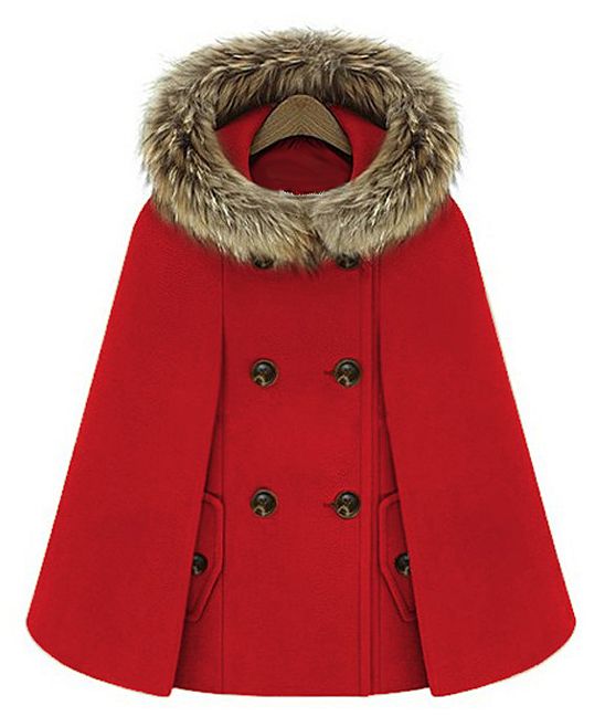 CELLABIE Women's Outerwear Capes Red - Red Faux-Fur Trim Outerwear Cape - Women | Zulily