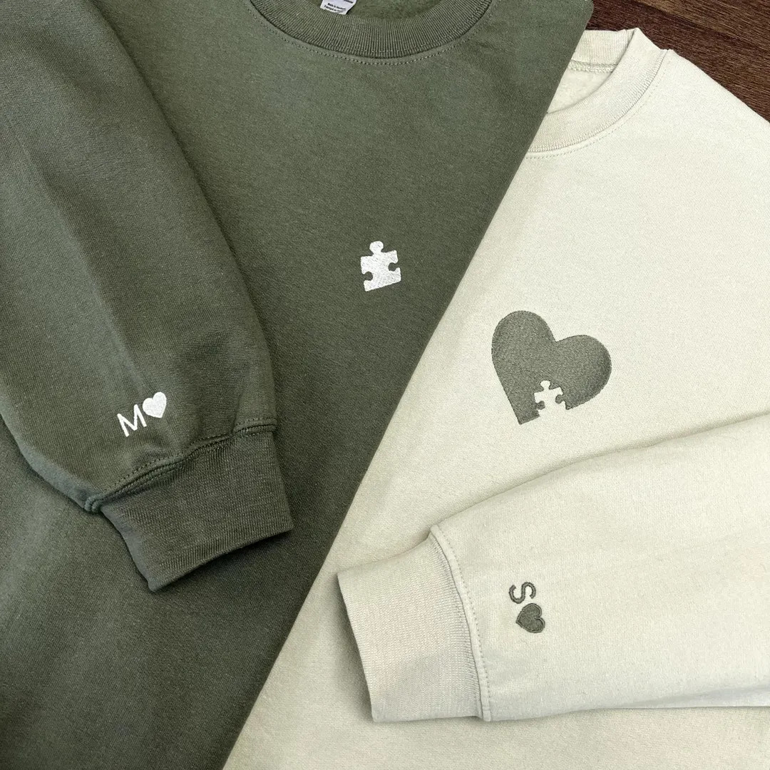 Custom Embroidered Heart and Puzzle Piece Sweatshirt, Initial With Heart on Sleeve, Anniversary G... | Etsy (US)