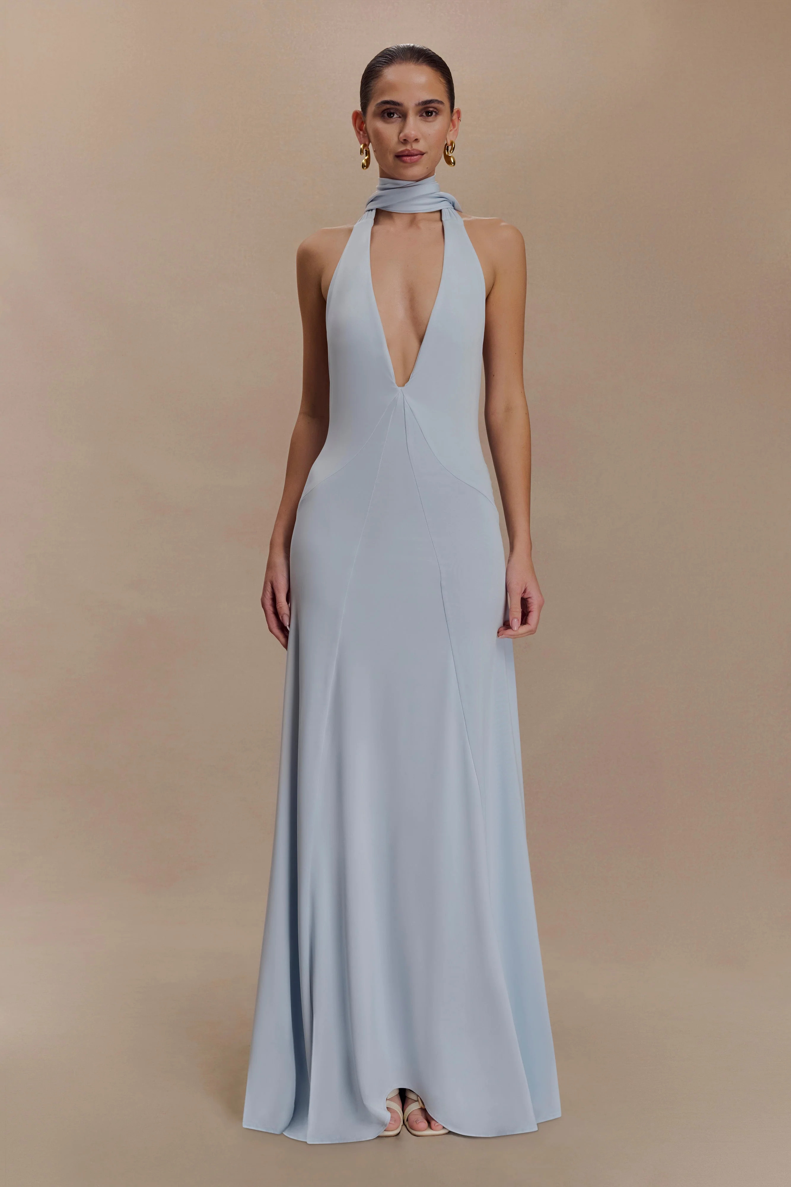 Juliet Slinky Maxi Dress With Scarf - Pale Blue | MESHKI US