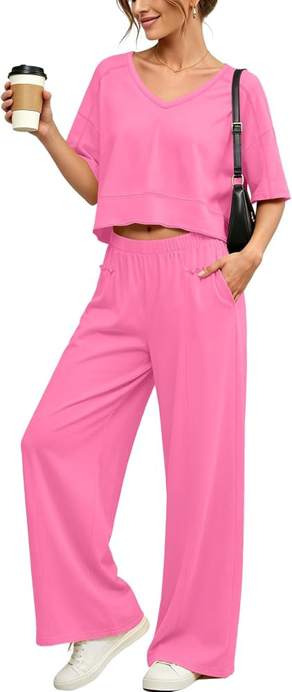 Panadila Women's 2 Piece Lounge Set V Neck Crop Top Wide Leg Pants | Amazon (US)