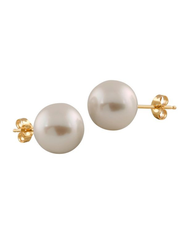 14K Yellow Gold & 10-10.5MM White Pearl Stud Earrings | Saks Fifth Avenue OFF 5TH