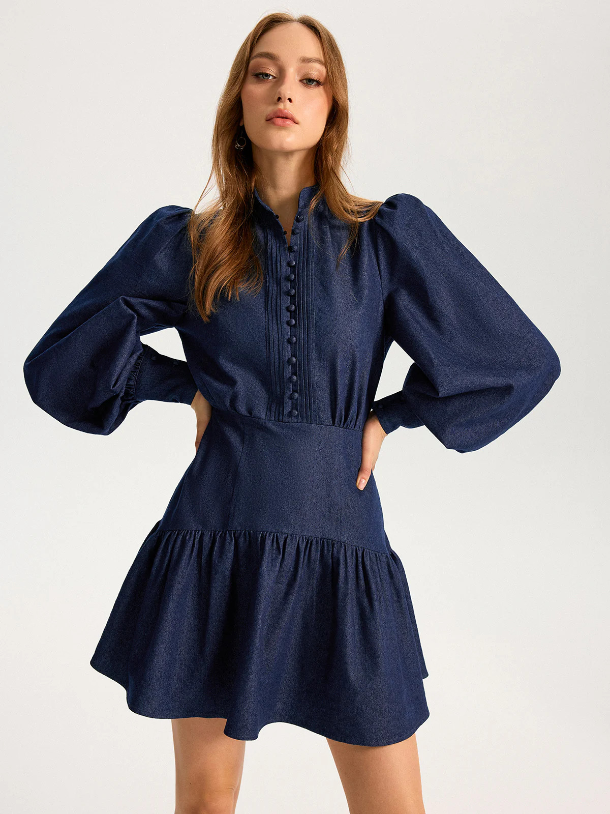 Denim Stand Collar Puff Sleeve Mini Dress | Commense
