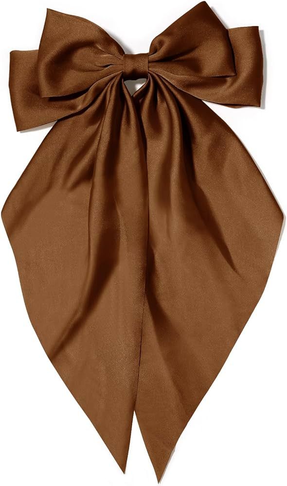 Large Hair Bows for Women Coffee Silky Satin Hair Bow Hair Clips Long Tail Oversize Hair Ribbon C... | Amazon (US)