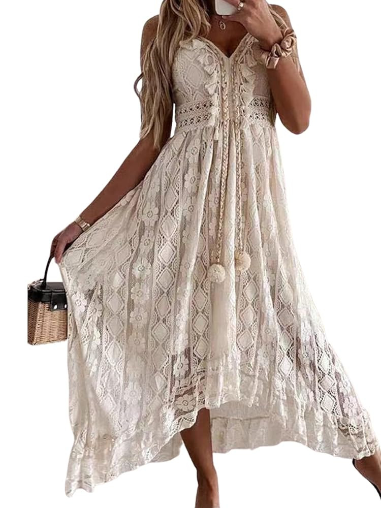 CUPSHE Women's Summer Dresses Sleeveless Lace Casual Tassel Beach Spaghetti Straps Flowy Maxi Sun... | Amazon (US)
