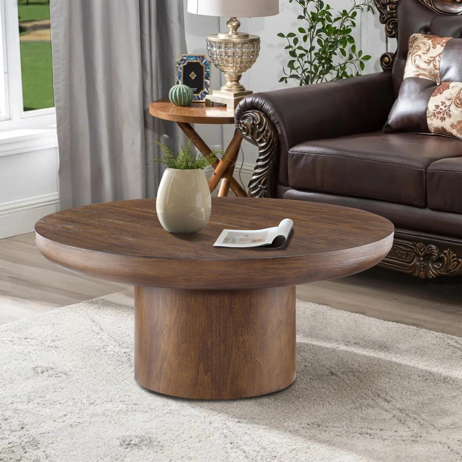 Amazon.com: HMFULE Round Coffee Table for Living Room, 35.98" Accent Circle Coffee Tables with Wood Veneer Tabletop, Cylindrical Leg Pedestal Center Table for Office,Brown : Home & Kitchen | Amazon (US)