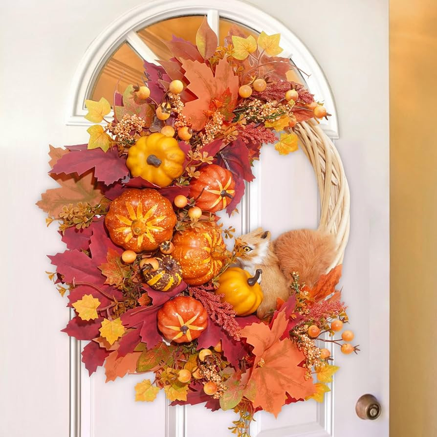 Fall Wreath Decor, Fall Wreaths for Front Door with Lifelike Squirrel, Pumpkins Berries & Maple L... | Amazon (US)