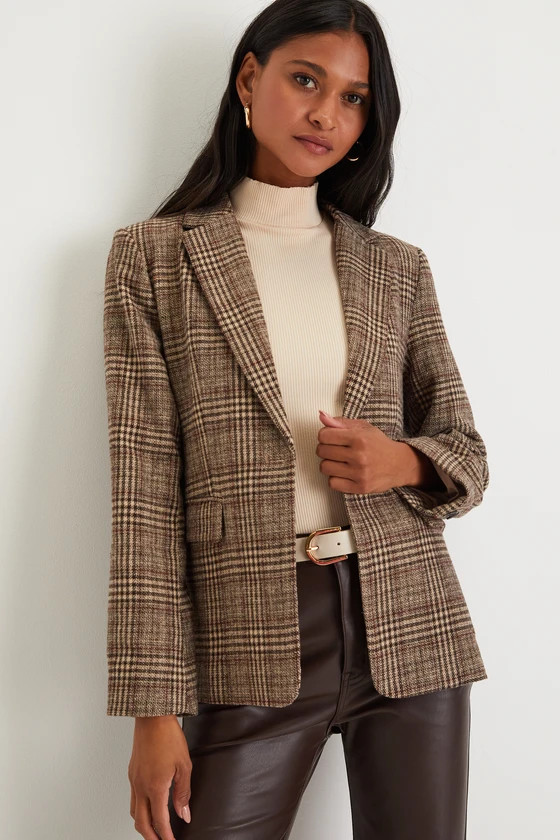 Sophisticated Chic Brown Plaid Tweed Blazer | Lulus