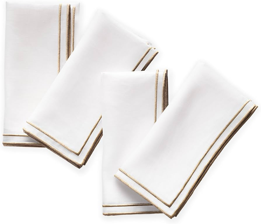 Linen Dinner Napkins Set of 4-100% Pure Linen White Napkins with Embroidered Gold Edge 20 x 20 in... | Amazon (US)