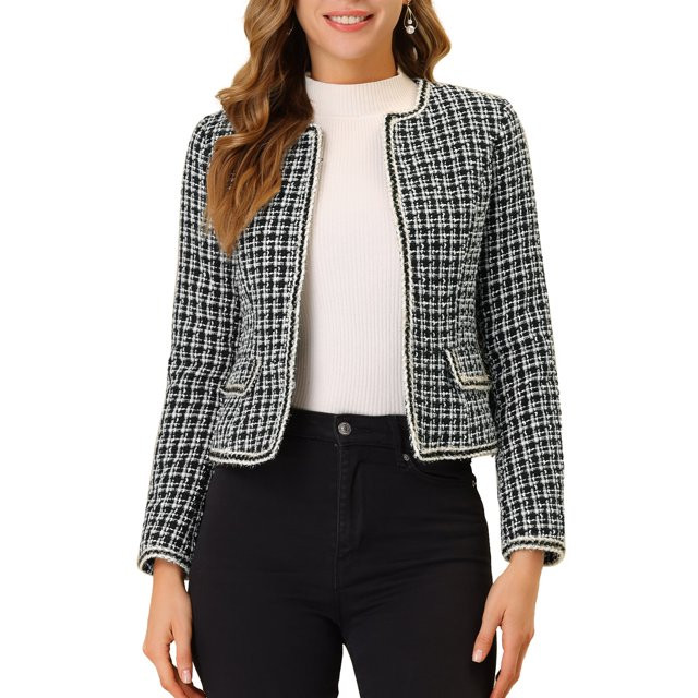 Unique Bargains Women's Plaid Tweed Blazer Long Sleeve Open Front Work Jacket | Walmart (US)
