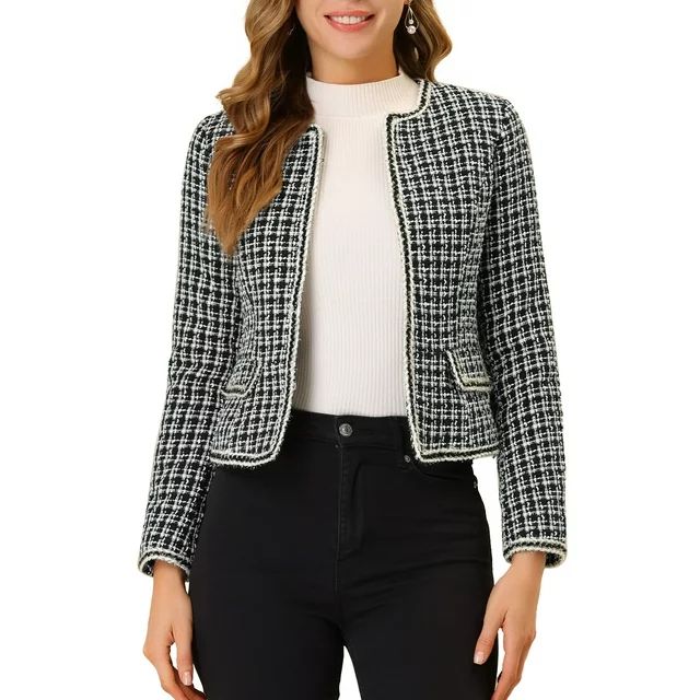 Unique Bargains Women's Plaid Tweed Blazer Long Sleeve Open Front Work Jacket | Walmart (US)