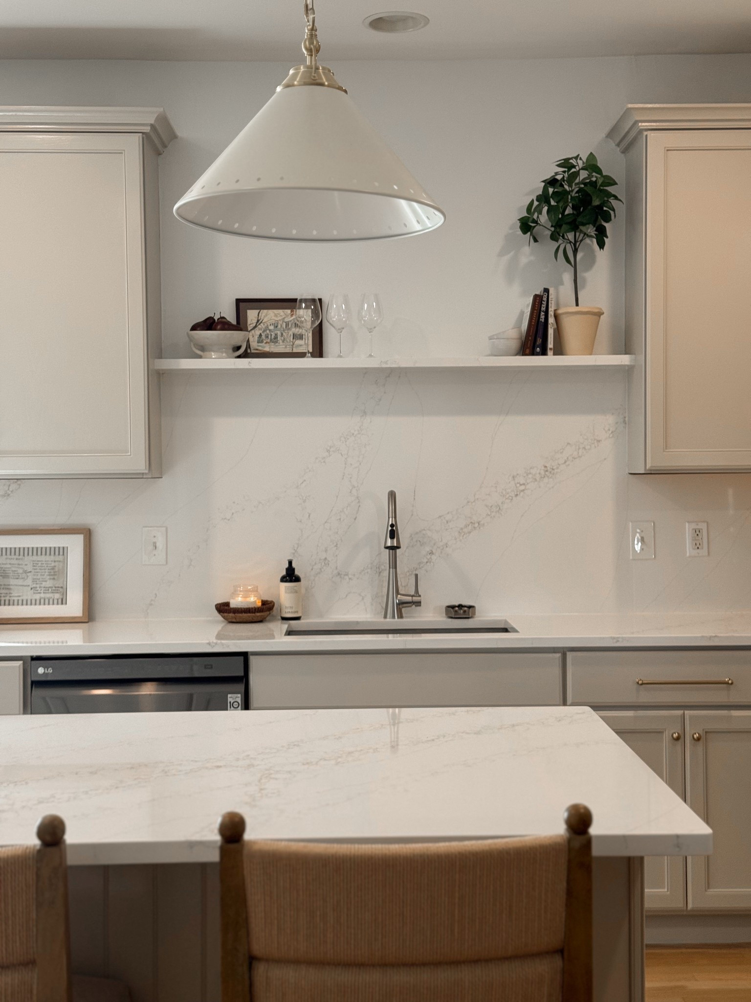 Cabinets are SW Accessible Beige. 

Kitchen decor, spring decor, McGee, quartz countertop, kitchen ledge decor, kitchen shelf decor, counter stools, kitchen counter decorr

#LTKHome