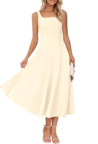 MEROKEETY Women's 2026 Summer Sleeveless Midi Dress Square Neck Smocked Flowy A Line Beach Dresse... | Amazon (US)