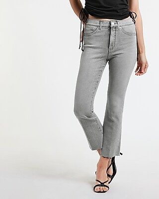 High Waisted Gray Raw Hem Cropped Flare Jeans | Express