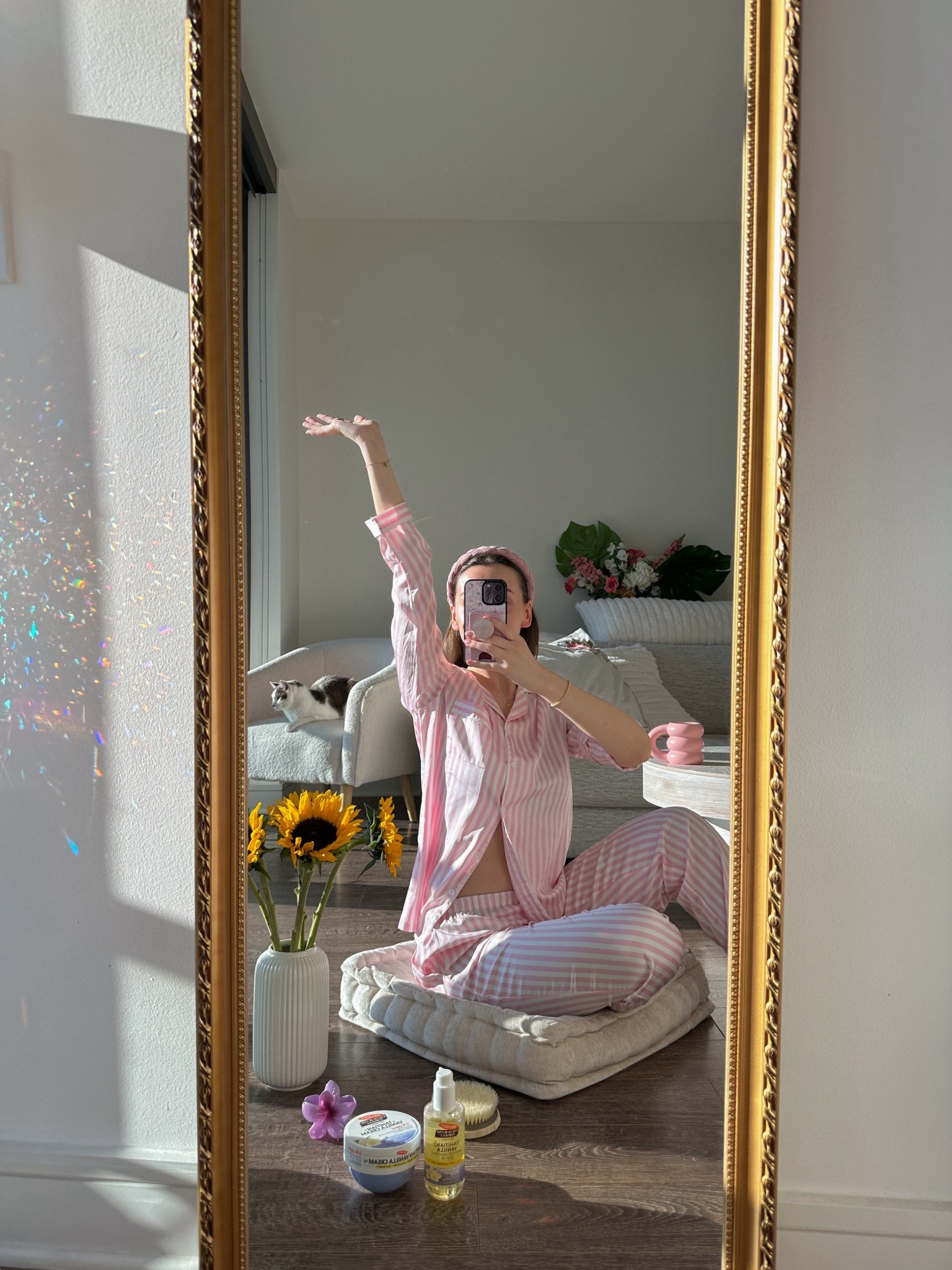 selfcare day at home with bestie 🩷🌻☀️

[self care threads, golden hour mirror selfie pose inspo for girls, striped pink pajama matching set, satin long sleeve pjs for fall winter, victoria’s secret model pajama, pinterest girl aesthetic, cozy girly vibes, clean girl, that girl motivation, wellness, self-care essentials for autumn, pastel loungewear, wfh lounge outfit] 

#LTKFindsUnder50 #LTKHome #LTKSeasonal