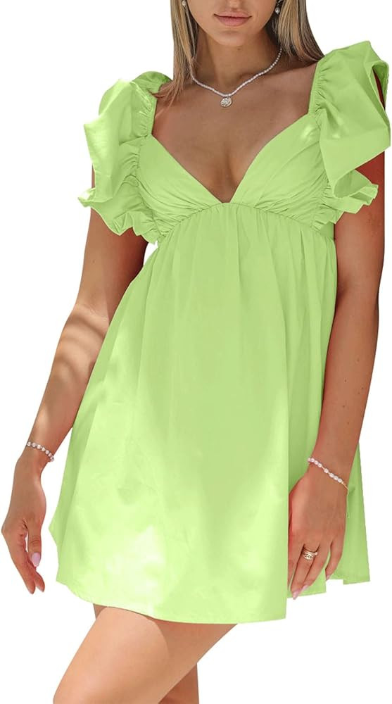 hibshaby Womens Sexy Deep V Neck Ruffle Sleeve Mini Dress Backless Lace Up Summer Dresses | Amazon (US)