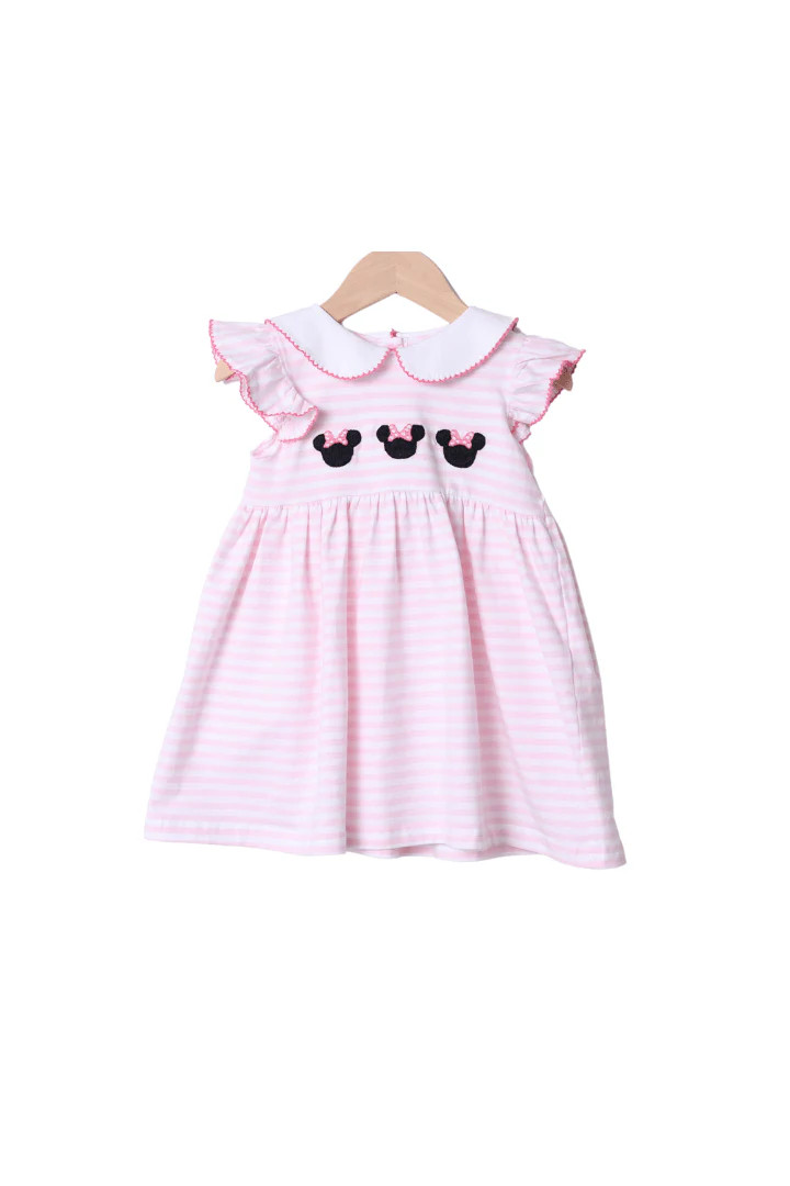 Applique Mouse Pink Stripe Flutter Sleeve Dress | The Smocked Flamingo