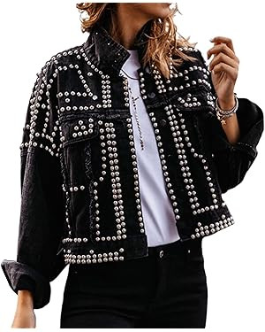 APAFES Women's Fashion Crop Fringe Denim Jacket Distressed Western Studded Black Trucker Jacket | Amazon (US)