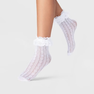 Women's Crochet Heart Sheer Anklet Socks with Lace Ruffle - A New Day™ White 4-10 | Target