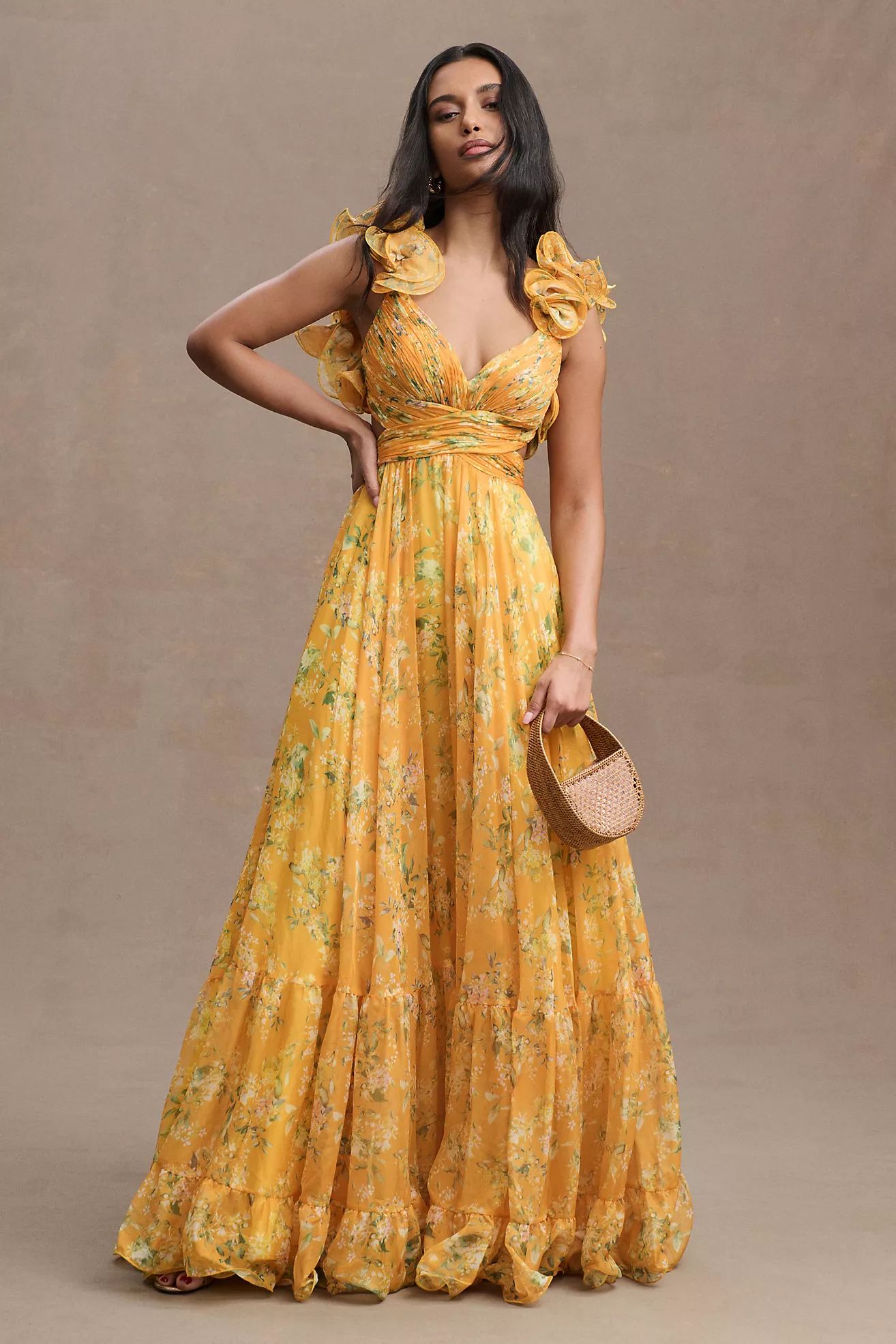 Mac Duggal Indy A-Line Ruffled Back-Lace Chiffon Gown | Anthropologie (US)