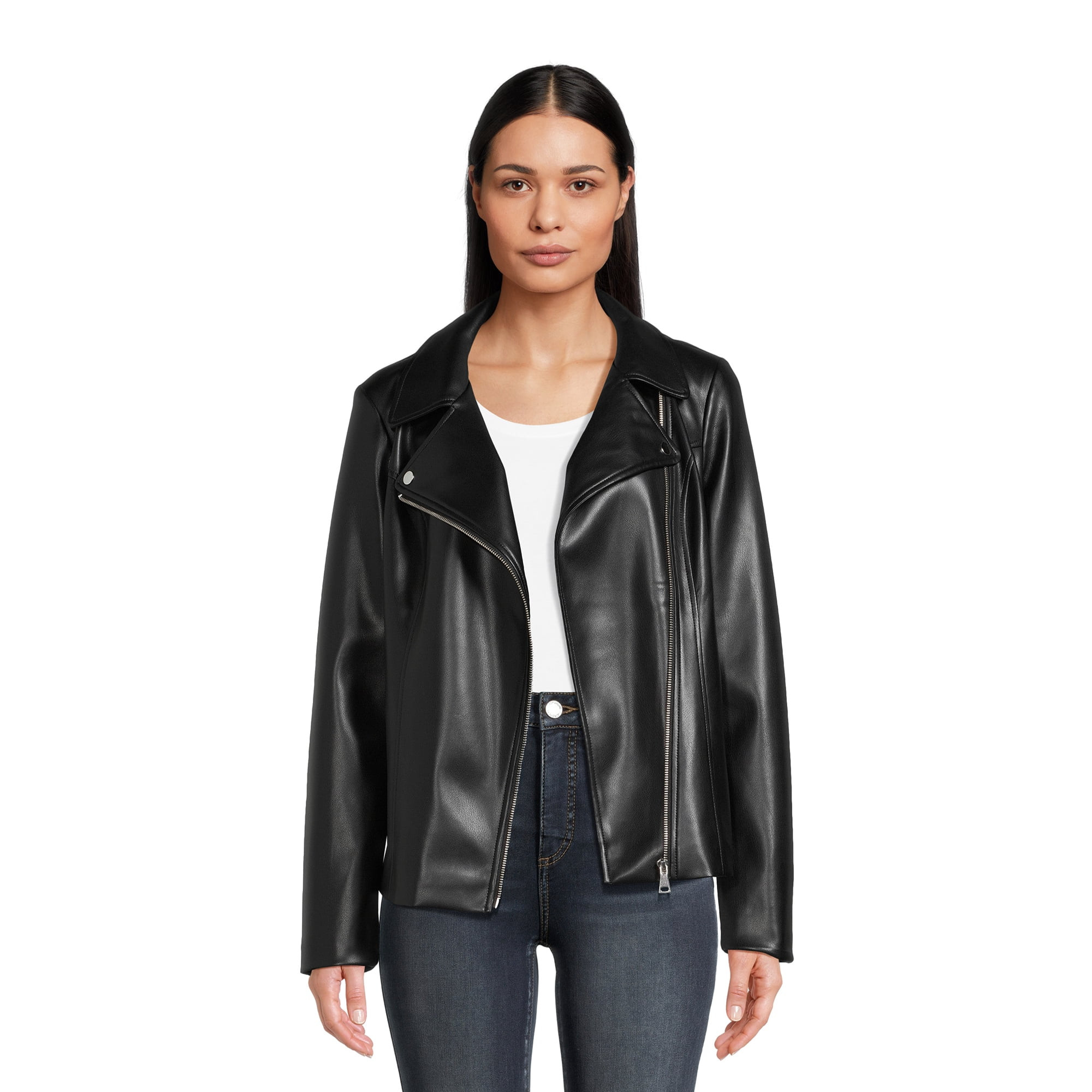 Time and Tru Women's Asymmetrical Faux Leather Jacket - Walmart.com | Walmart (US)