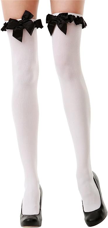 Black Bow Thigh-High White Opaque Halloween Adult Women's Cosplay Costume Tights | Amazon (US)