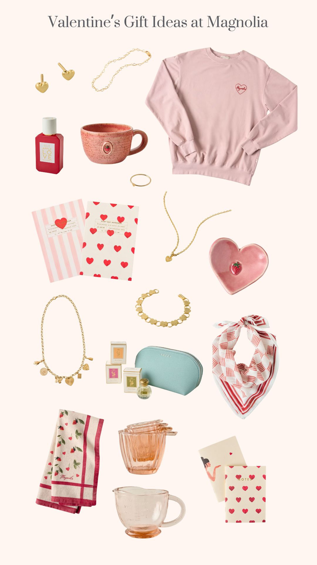 Valentine's Day Gift Ideas at Magnolia. Heart Notebook. Blush Glass 4 Cup Measuring Cup. Blush Glass Measuring Cup Set. Gold Heart Chain Bracelet. Gold Heart Ring. Embroidered Heart Blush Sweatshirt. Magnolia Mini Hearts Bandana. Viaggio Pochette Gift Set with Pouch. Stationary Brass Charm Necklace. A5 Heart Notebook. Heart Striped Notebook. Ellis Brooklyn Apple Love Eau De Parfum 50ml. Gold Heart Brass Bracelet. Gold Mini Heart Pendant Necklace. Gold Charlotte Heart Studs. Black Oak Artisan Strawberry Mug. Black Oak Artisan Strawberry Heart Trinket Dish. Magnolia Strawberries + Hearts Tea Towel. 

 #LTKGiftGuide #LTKSeasonal #LTKFindsUnder100