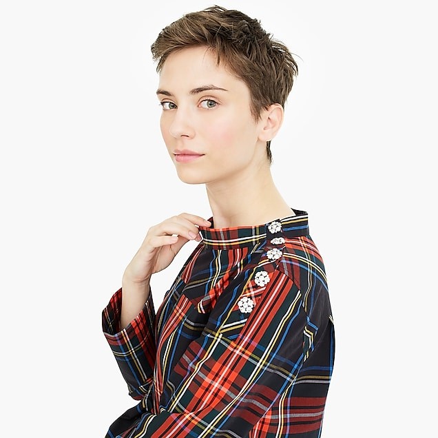 Funnelneck shirt in Stewart tartan with jeweled buttons | J. Crew US