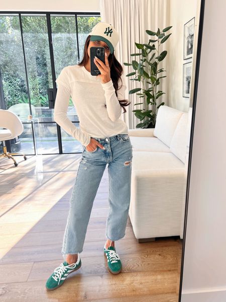 Mom casual- wearing a size 25 in these jeans taht are back in stock. Also my sneakers are unisex sizing- I’m a 7.5 and wear a size 6 in Spezials 

#LTKstyletip #LTKfindsunder100 #LTKshoecrush