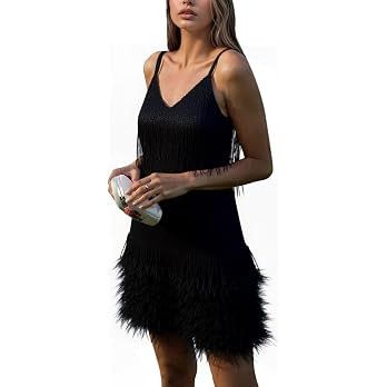 Wildarms Womens Tassel Feather Sequin Mini Dress Sexy V Neck Spaghetti Strap Short Fringe Dresses | Amazon (US)