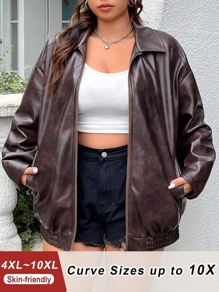 SHEIN CURVE+ Plus Size Distressed PU Leather Loose Jacket With Pockets umn | SHEIN