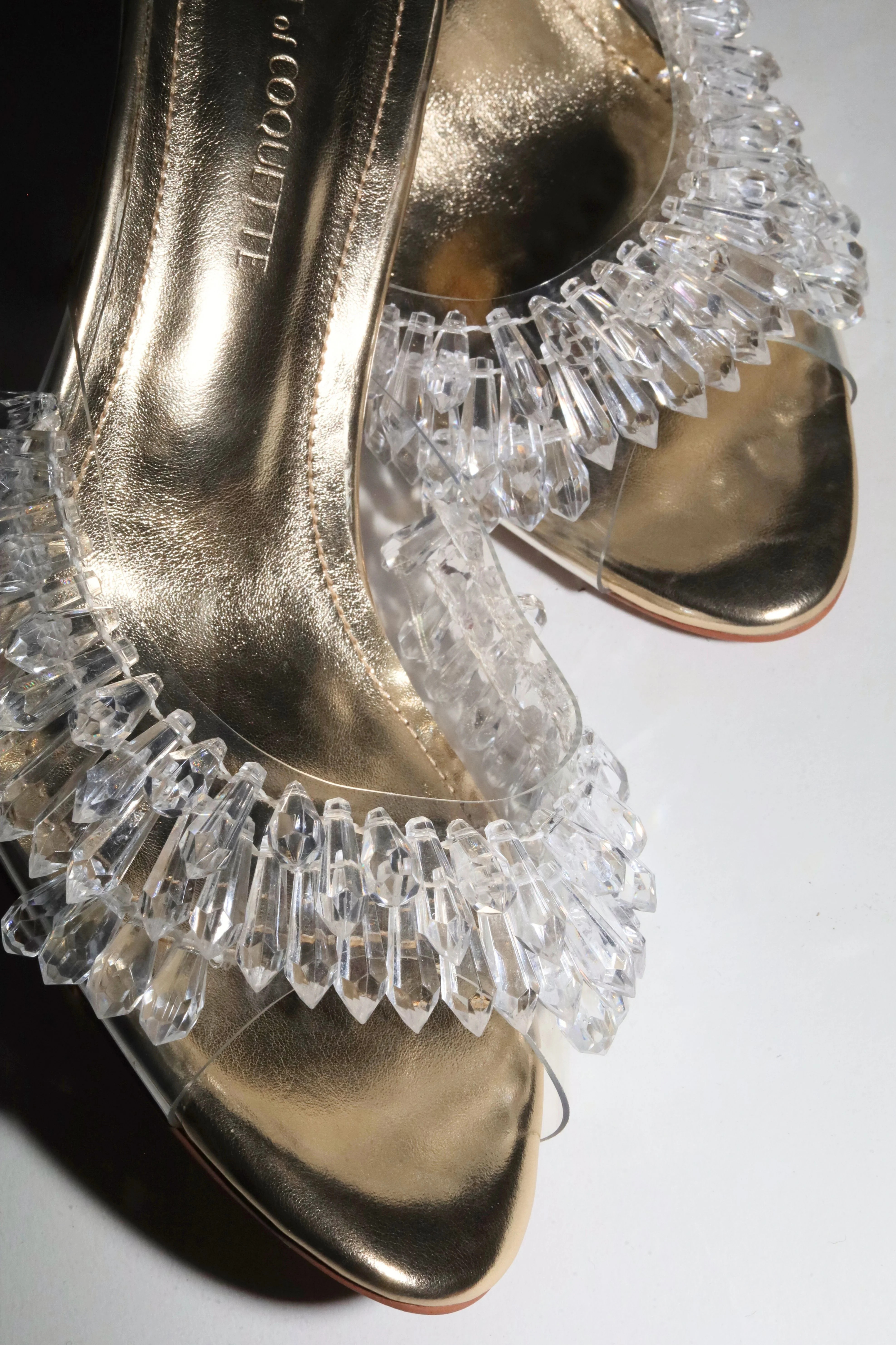Goldie White Gold Clear Drip Chandelier Open Toe Mules 100 mm | CULT OF COQUETTE
