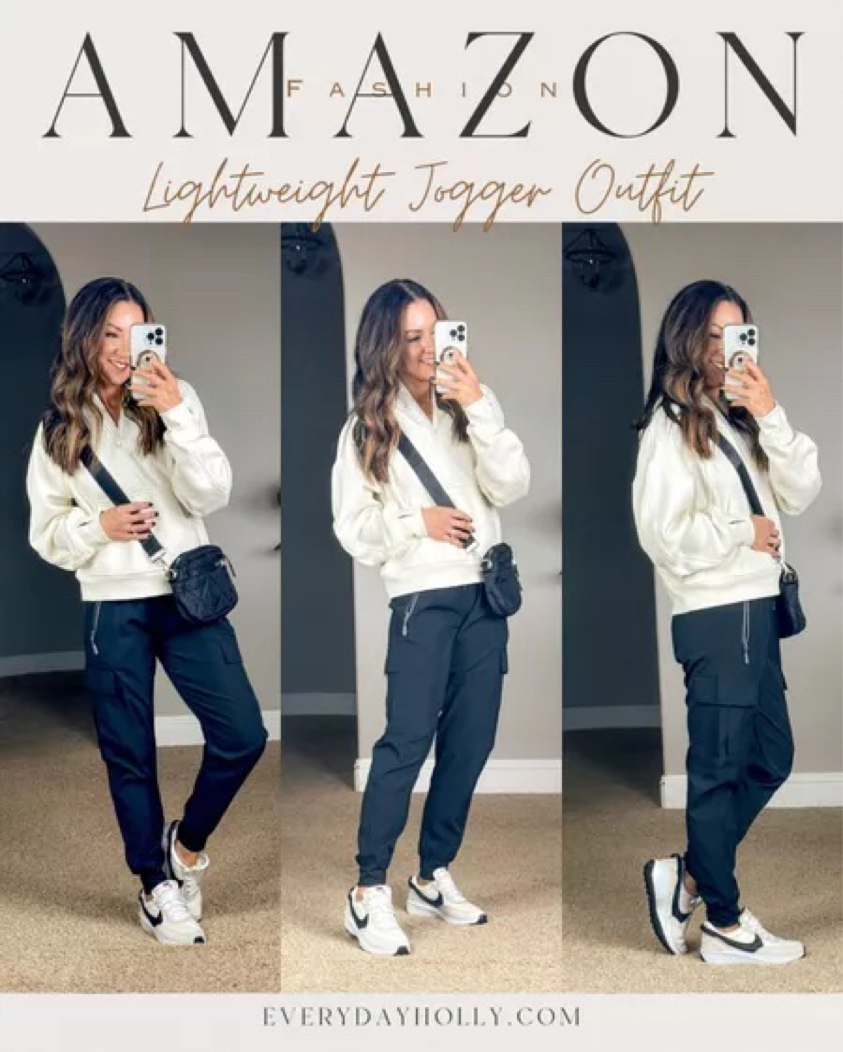 Jogger Outfit for Her 

I’m wearing size XS in Lightweight quick-dry cargo joggers, built in bra tank, cropped pullover hoodie, quilted black crossbody, easy outfit, hiking pants