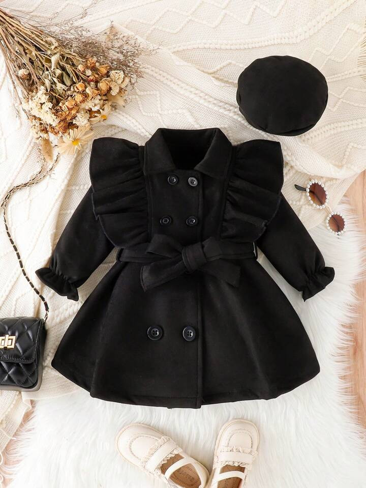 Baby Girl Double Breasted Ruffle Trim Coat & Hat | SHEIN