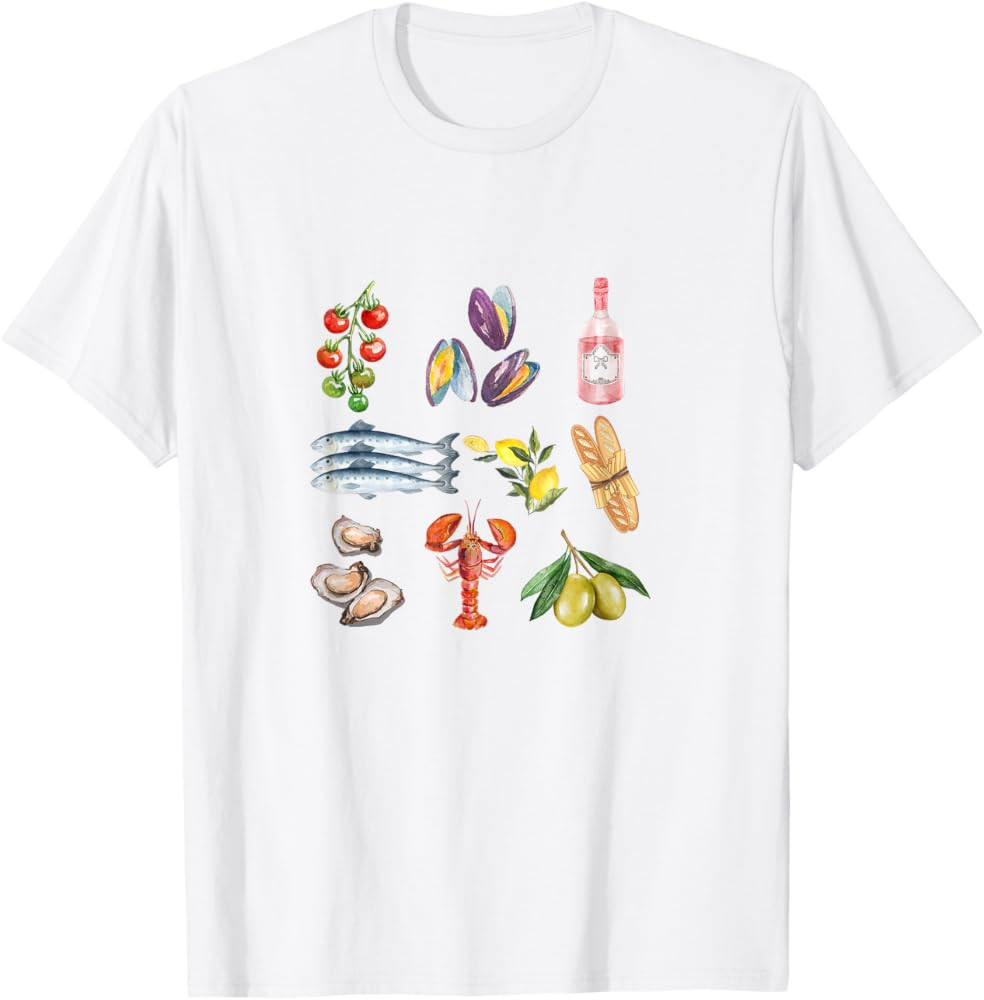 Italian Summer Scrapbook with seafood coastal Mediterranean T-Shirt | Amazon (US)