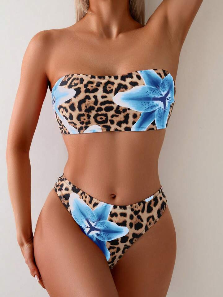 Women's 2pcs Leopard Print & Tropical Flower Vacation Casual Sexy Halter Bandeau Bikini Set | SHEIN