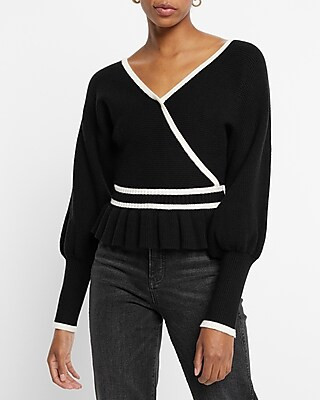 Tipped Faux Wrap Ruffle Peplum Sweater | Express