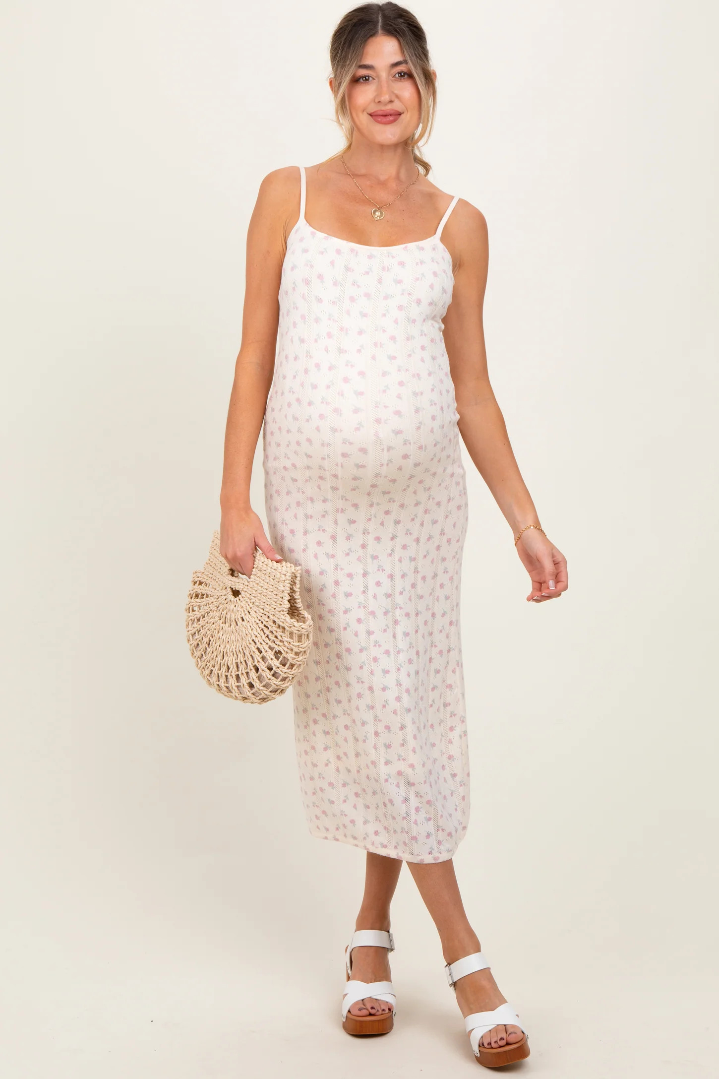 Ivory Floral Pointelle Knit Maternity Midi Dress | PinkBlush Maternity