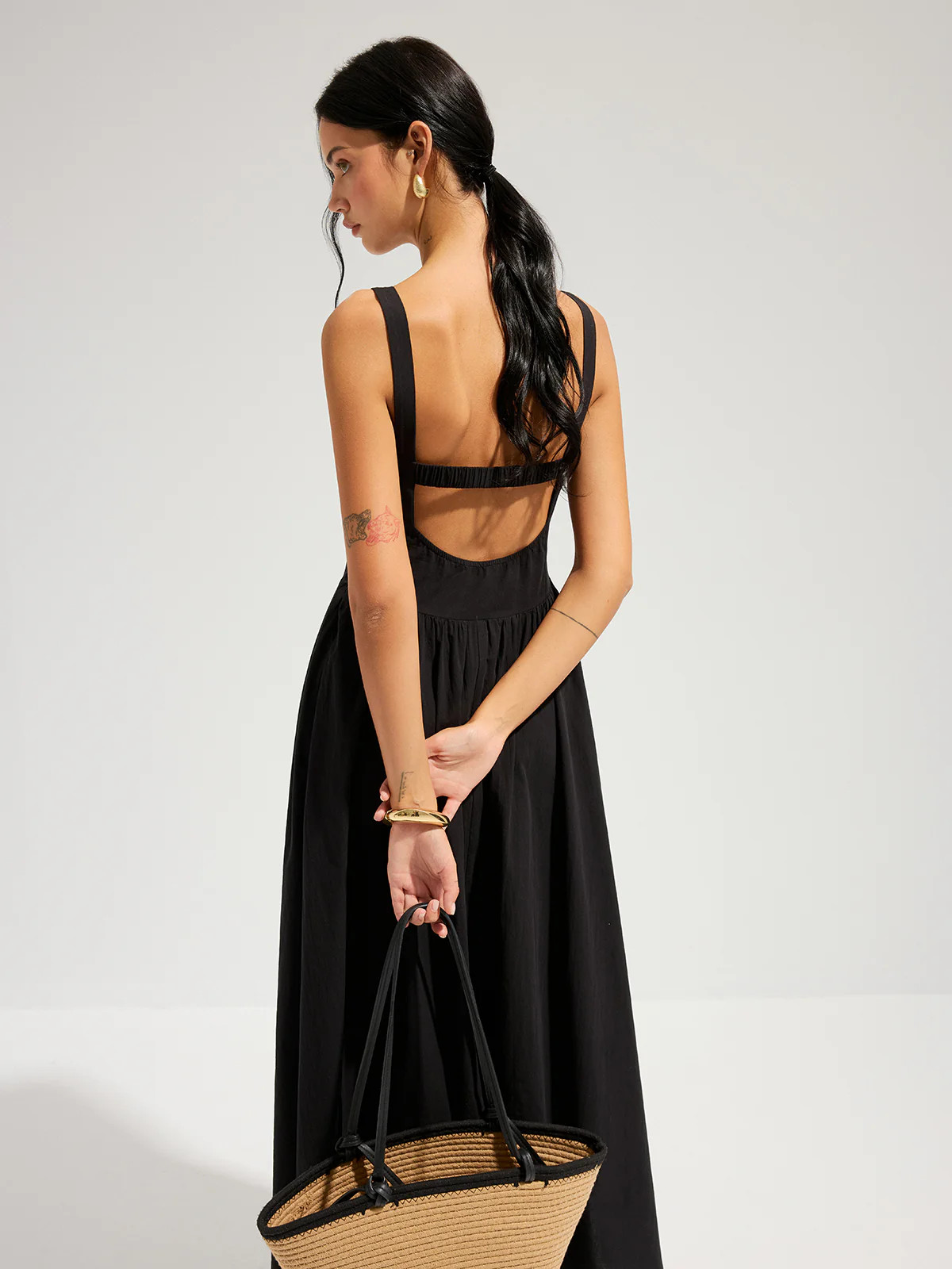 Cotton Square Neck Backless Maxi Dress | Commense