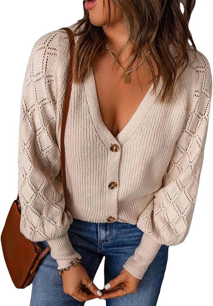 MARZXIN Women Long Sleeve Cardigan Sweater Open Front Knit Button Down Sweater Tops | Amazon (US)