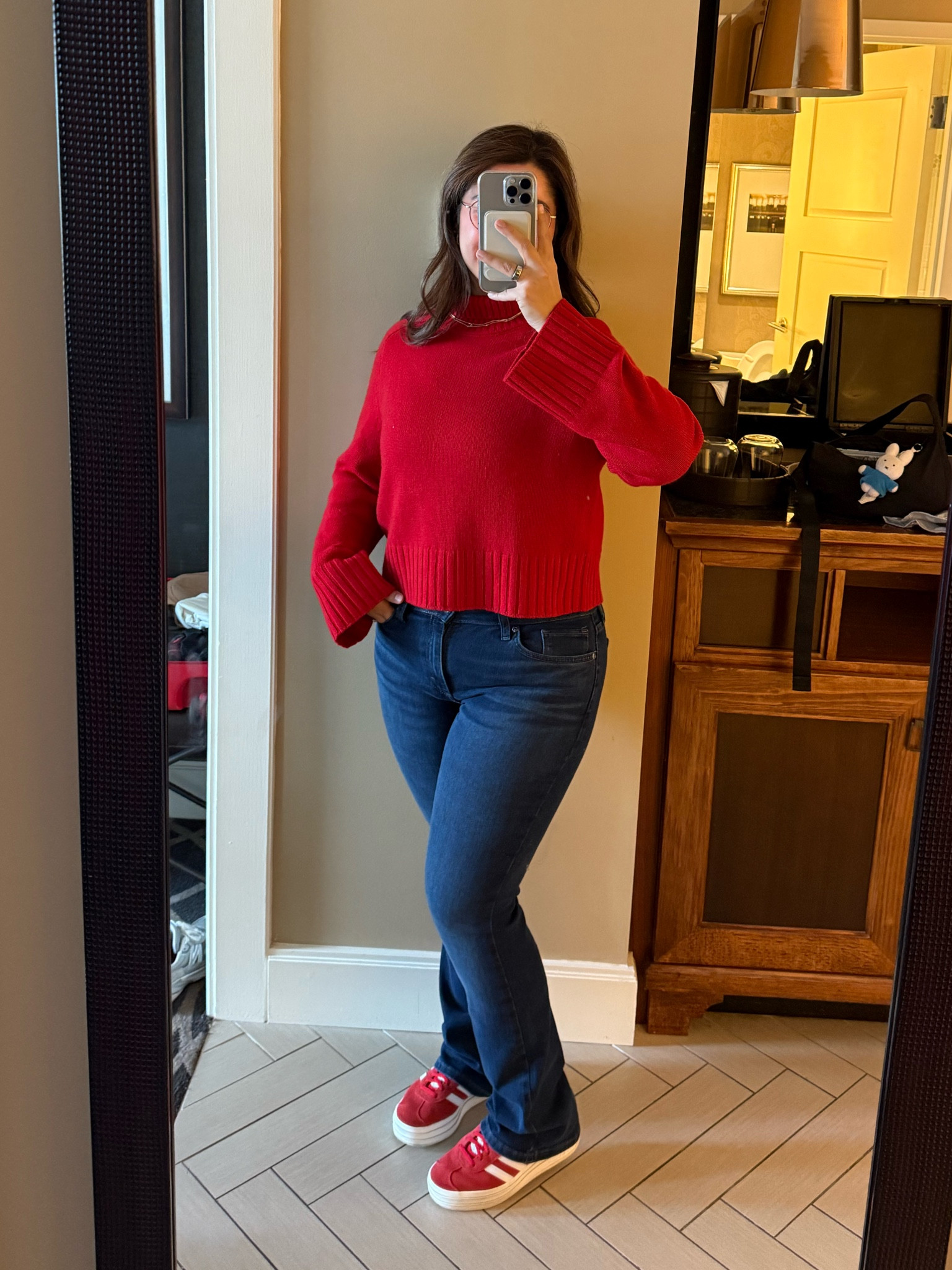 Size medium in the sweater, size 10 regular in the jeans

#LTKHoliday #LTKMidsize #LTKSeasonal