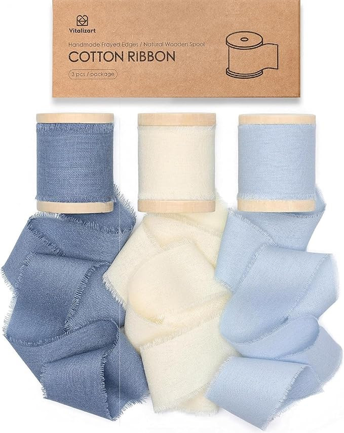 Vitalizart 100% Cotton Ribbon 1-1/2" x 15 Yd Blue & White Handmade Frayed Fringe Fabric Ribbons f... | Amazon (US)