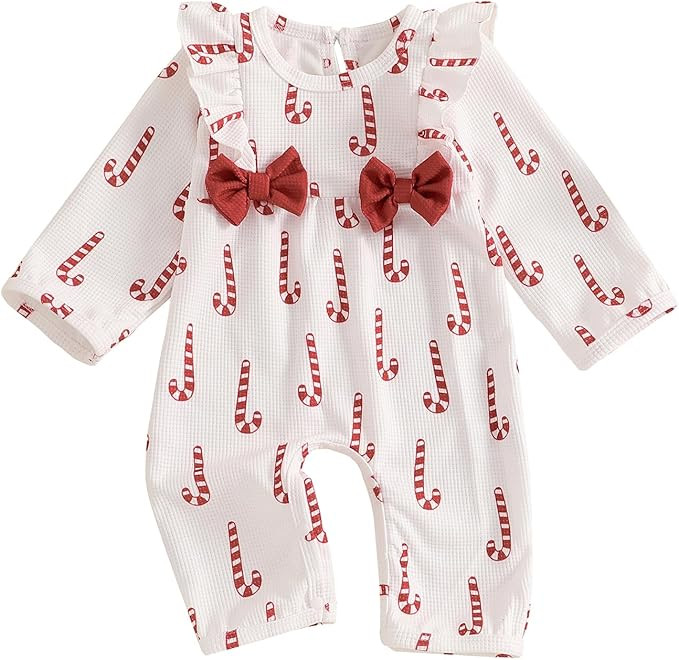 Newborn Baby Girl Christmas Outfit Waffle Knit Santa Candy Jumpsuit Romper Ruffle Bodysuit Long O... | Amazon (US)