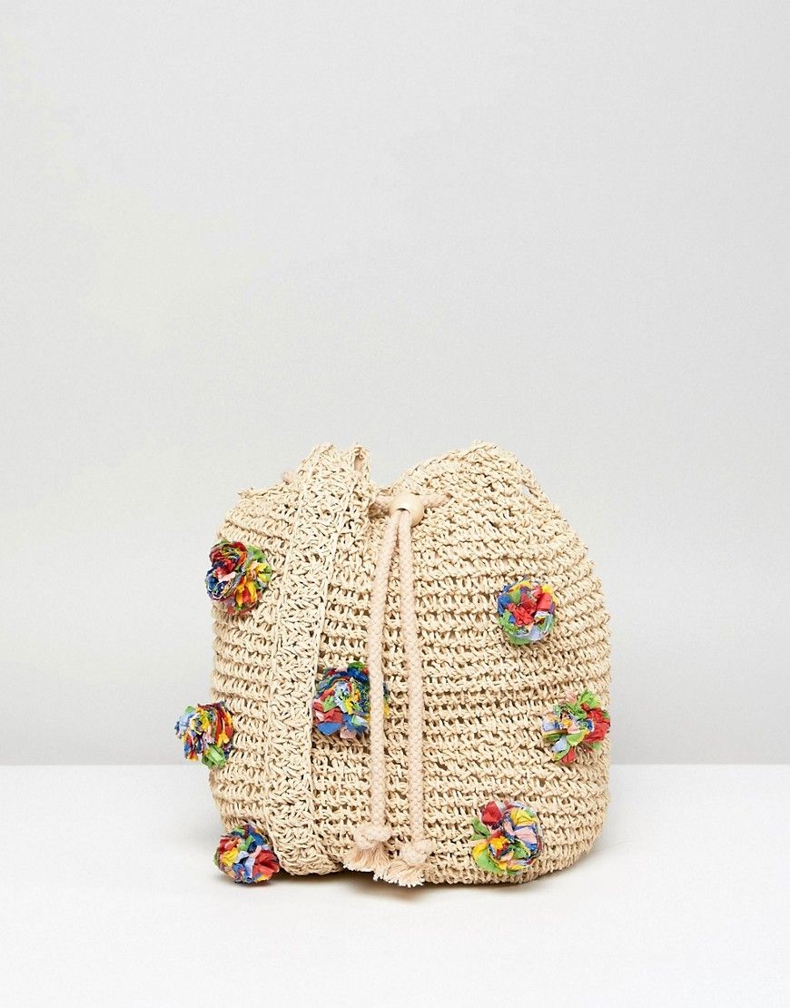 Pull & Bear pom pom woven bag in cream - Cream | ASOS US