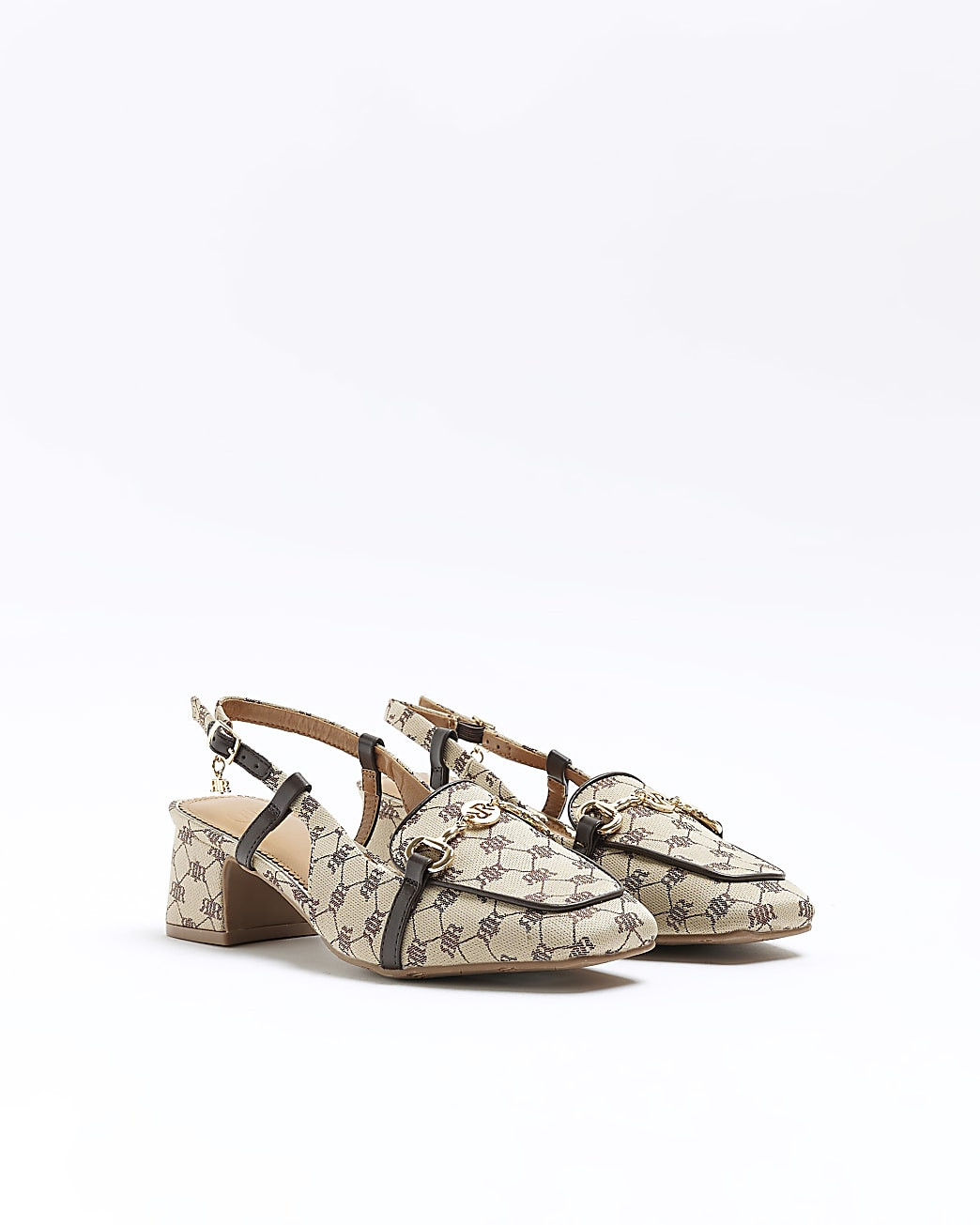 Beige RI monogram block heeled court shoes | River Island (UK & IE)