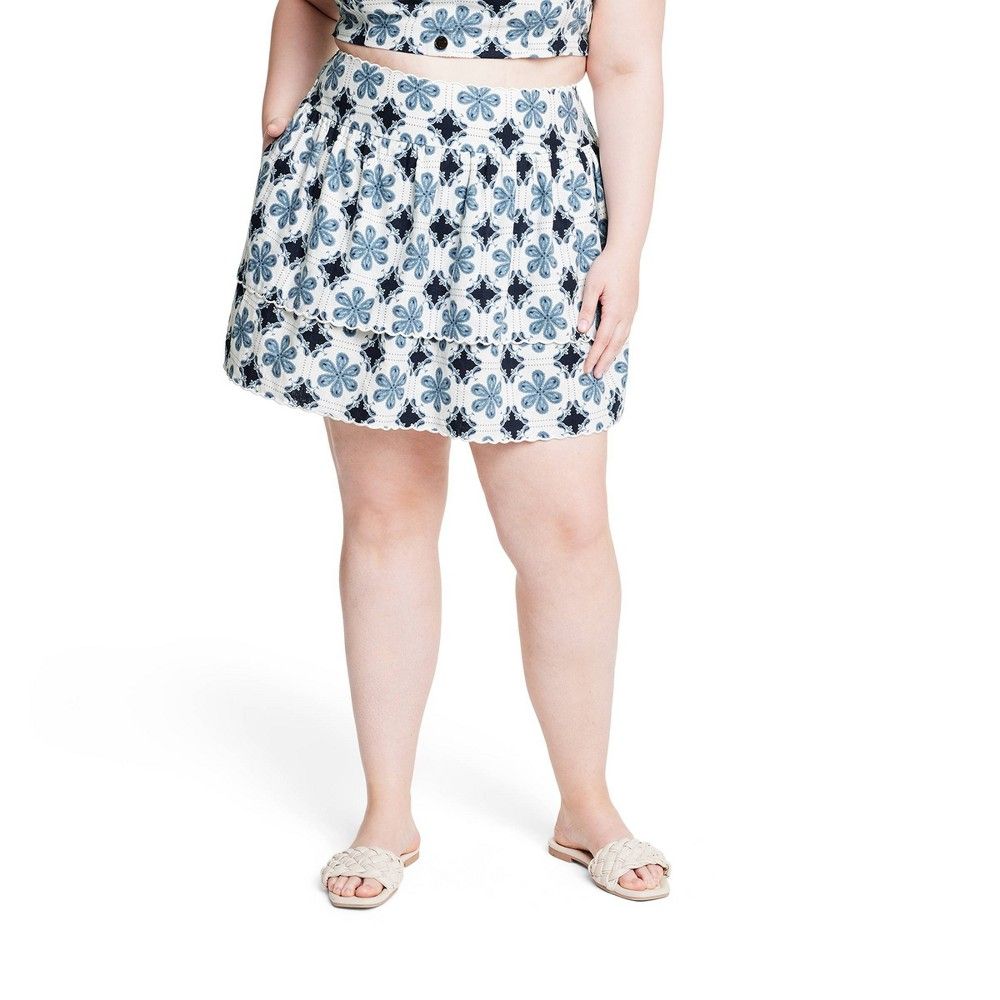 Women's Coral Tile Print Tiered A-Line Mini Skirt - Agua Bendita x Target Cream/Navy Blue 1X | Target