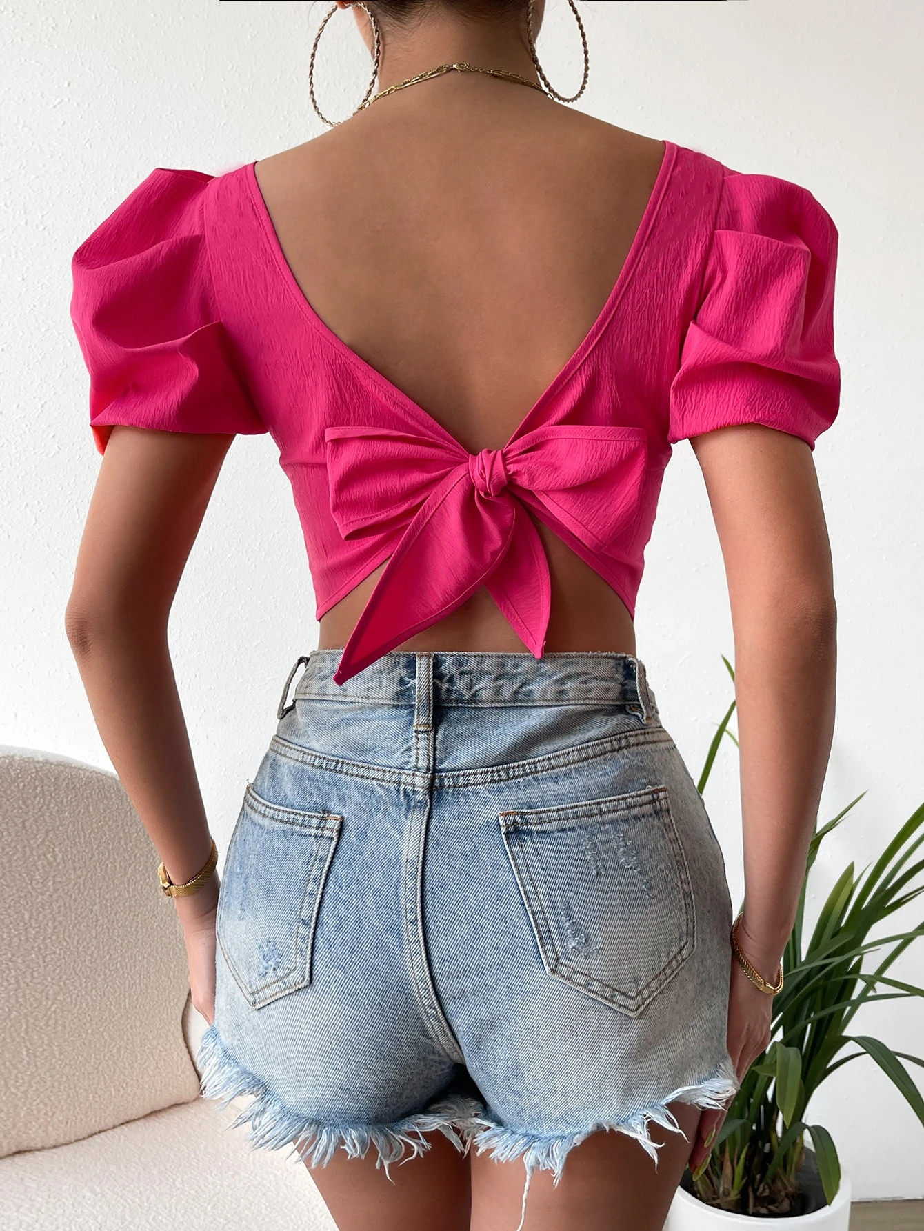 SHEIN Privé Puff Sleeve Tie Backless Crop Blouse | SHEIN