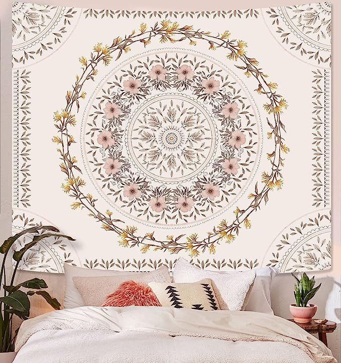 Lifeel White Pink Bohemian Tapestry Wall Hanging, Mandala Floral Medallion Hippie Tapestry with L... | Amazon (US)