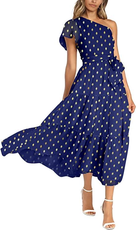 PRETTYGARDEN Women's One Shoulder Boho Midi Dress Polka Dot Tiered Ruffle Summer Chiffon Flowy Dr... | Amazon (US)